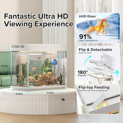 Aquarium, 2.4 Gallon Betta Fish Tank with Heater, Humidifier 3 in 1 Pump - Filteration & Oxygenation & Circulation, Temperature Display, HD Glass, Timed 7-Color Lights