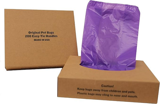 200 Black Easy Open & Easy-tie Handle 15" Strong Leak- Proof Poop Bags, Dog Waste Bags Made in USA (not on rolls) (Purple)