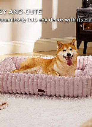 Bedsure Cute Dog Bed for Large Dogs - Washable Furry Puppy Beds, Rectangle Orthopedic Corduroy Fleece Pet Beds with Removable Zipper Cover, 36x27x8inches, Blush Pink