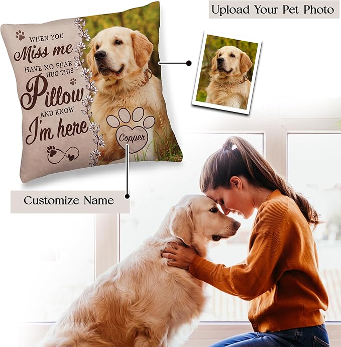 Personalized Pet Memorial Pillow with Photo, Dog Memorial Gifts for Loss of Dogs Cats, Pet Photo Gifts for Dog Lovers, in Memory of Pet, Loss of Dog Sympathy Gift, Dog Bereavement Gift