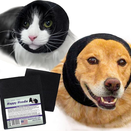 Happy Hoodie The Original Dog & Cat Calming Band - American Brand - Anxiety Relief/Noise Protection-Grooming-Thunder-Fireworks 2 Pack Black (1 Small, 1 Large) - Since 2008