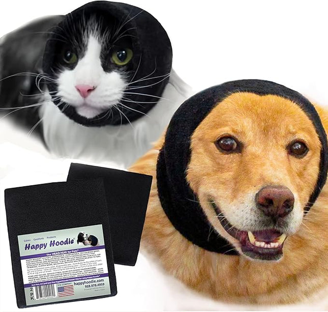 Happy Hoodie The Original Dog & Cat Calming Band - American Brand - Anxiety Relief/Noise Protection-Grooming-Thunder-Fireworks 2 Pack Black (1 Small, 1 Large) - Since 2008