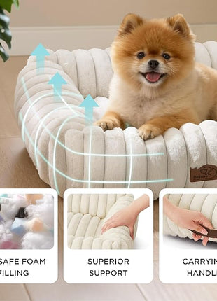 Bedsure Cute Dog Bed for Small Medium Dogs - Washable Furry Puppy Beds, Rectangle Orthopedic Corduroy Fleece Pet Beds with Removable Zipper Cover, 25x21x7inches, Cream