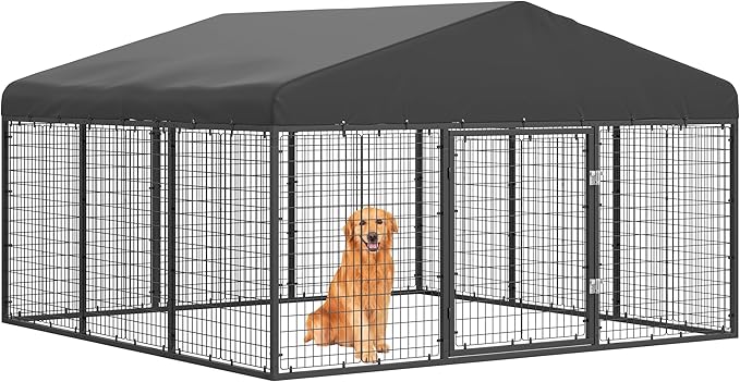118" x 118" Outdoor Dog Kennel Steel Ideal Dog Fence for Medium/Small Dogs Anti-Rust Coating Cage with Roof All Weather Resistant Dog House with Double Locks