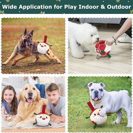 QDAN Christmas Dog Balls with Straps, Soccer Ball for Dogs for Small Medium Breed, Tug Toys for Dog Birthday, 6 Inch Outdoor Dog Toys for Fun