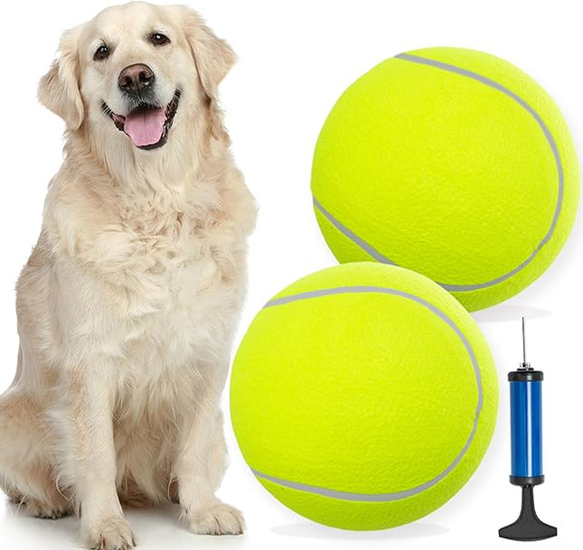 9.5" Large Dog Tennis Balls, 2 Pack Interactive Pet Toys for Playing Training Outdoor Indoor, Oversize Rubber Inflatable Dog Ball with Pump & Needle for Small Medium Large Dogs