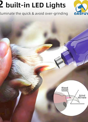 Casfuy Dog Nail Grinder Quiet - (45db) 6-Speed Pet Nail Grinder with 2 LED Lights for Large Medium Small Puppy Dogs/Cats, Professional 3 Ports Rechargeable Electric Dog Nail Trimmer with Dust Cap