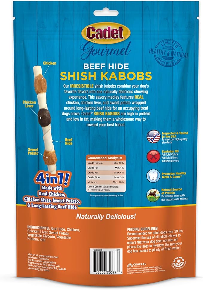 Cadet Gourmet Shish Kabob Dog Chews for Large Dogs, Rawhide Treats with Chicken and Sweet Potato, Healthy & Natural Beef Hide, 10-Inch Sticks, 8 Count