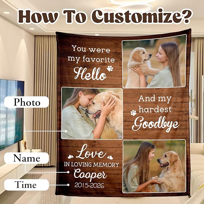 WFR Pet Memorial Blanket Gifts - Personalized Dog Memorial Blanket with Photos Name, Pet Sympathy Gifts for Dogs Lovers, Custom Loss of Dog Blankets, Pets Remembrance Bereavement Pass Away Gifts
