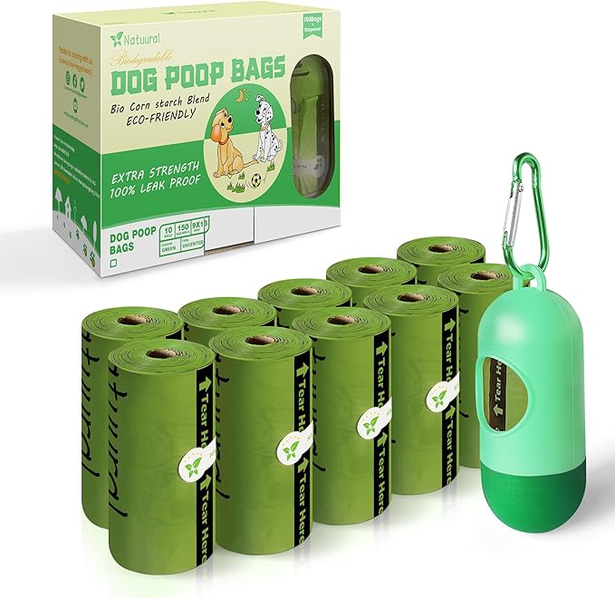 Dog Poop Bags-150 Counts with Holder (10 Rolls), Biodegradable Poop Bags, Eco-Friendly and Easy to Open, Thick Dog Waste Bags (Green)