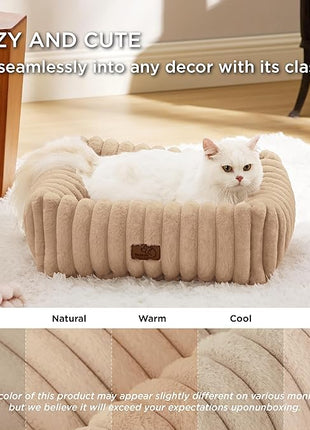 Bedsure Cute Dog Bed for Small Dogs & Cats - Washable Furry Puppy Beds, Rectangle Orthopedic Corduroy Fleece Pet Beds with Removable Zipper Cover, 20x19x6inches, Sandy Beige