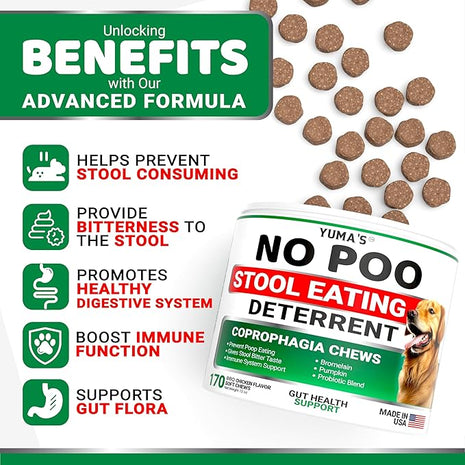 YUMA'S No Poo Chews for Dogs - 170 Count - Coprophagia No Poop Eating Deterrent for Dogs - Stop Eating Poop for Canine - Gut Health - Probiotics & Digestive Enzymes Supplement - Made in USA