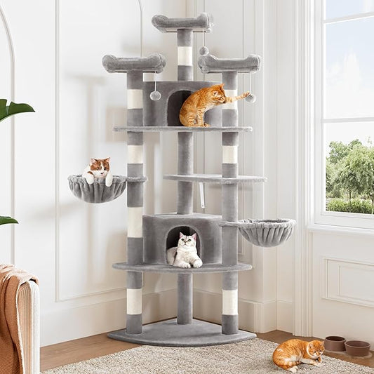Allewie 73in Fan-Shaped Space-Saving Corner Cat Tower/Multi-Level Tall Cat Tree for Indoor Kitties/Cozy Baskets/Condos/House/Perches/Sisal Scratching Posts/Pet Activity Center/Grey