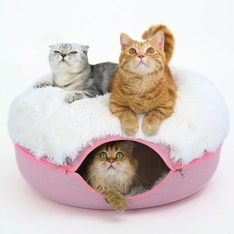 CATTASAURUS Peekaboo Cat Cave for Multiple & Large Cats Up to 30-45 Lbs, Fluffy Cat Beds for Indoor Cats, Scratch Detachable & Washable Tunnel Bed, Comfy Donut Cave (Pink, Large (Calming))