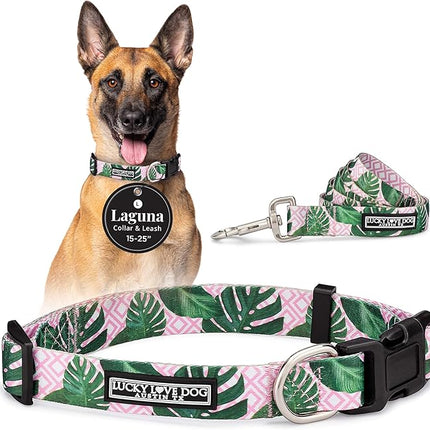 Lucky Love Dog, Tropical Matching Dog Collar & Leash Set, Soft & Comfy, Vivid Pink Color Collar and Leash for Female Male Dogs - (Large, Laguna Combo)