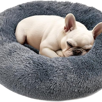 Hoewina Dog & Cat Bed, 20in Cat Beds for Indoor Cats, Calming Donut Bed for Puppy and Kitten, Washable Round Fluffy Pet Bed for Small Medium Dogs and Cats (Dark Grey)