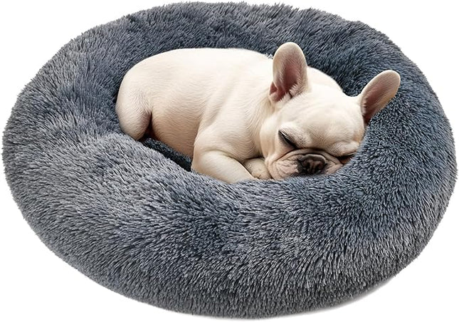 Dogs Bed for Small Dogs, Anti-Anxiety Washable Round Bed (Dark Grey, 24.0" L x 24.0" W x 8.0" Th)
