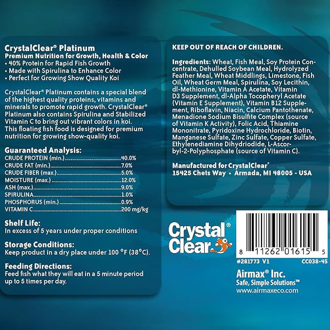 CrystalClear Platinum Fish Food, Premium Floating Pellets for Koi & Goldfish – Boost Growth, Color, and Wellness in Backyard Ponds & Water Gardens, 3mm Pellets, 17.6 Pounds