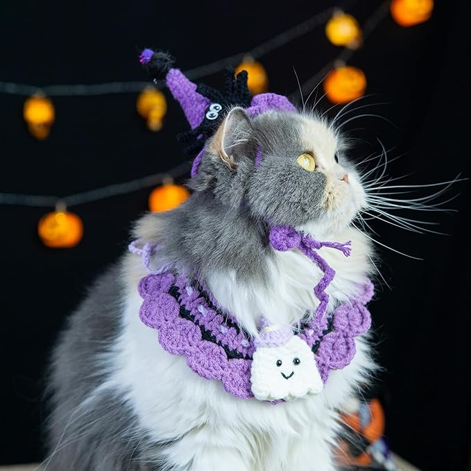 Halloween Cat Costume & Dog Outfit – Handmade Purple Witch Hat & Cute Ghost Cat Clothes, Adjustable Pet Outfit for Cats &Small Dogs, Lightweight & Breathable, Festive Pet Accessories