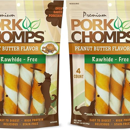 Pork Chomps Baked Pork Skin Dog Chew, 6-inch Twists, Peanut Butter Wrap, 4 Count (Pack of 2)