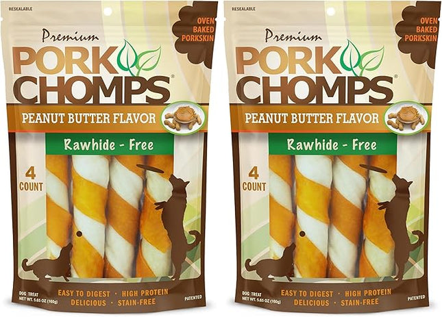 Pork Chomps Baked Pork Skin Dog Chew, 6-inch Twists, Peanut Butter Wrap, 4 Count (Pack of 2)