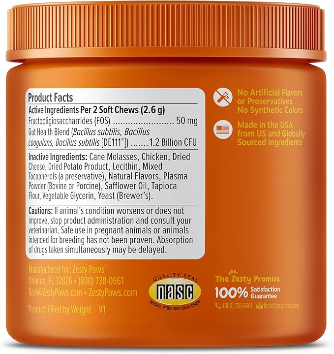 Zesty Paws Probiotic Bites for Cats - Gut Flora & Immune System Support - Cat Supplement with DE111 Bacillus subtilis - Pet Soft Chews with Probiotics & Prebiotics for Digestive Health - 60 Count