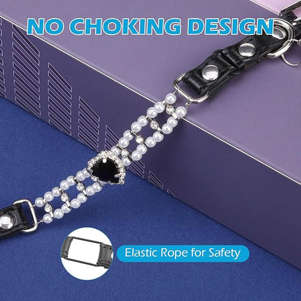 EXPAWLORER Cat Collar Leather with Bell and Safety Elastic Belt,Personalized Rhinestones Bling Adjustable Collars for Cats Kitty and Small Dogs,Pearl cat Collar Black (Pearl)