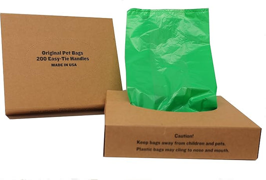 200 Black Easy Open & Easy-tie Handle 15" Strong Leak- Proof Poop Bags, Dog Waste Bags Made in USA (not on rolls) (Green)