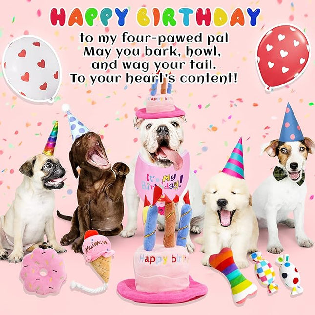 Dog Birthday Toys Girl, Squeaky Plush Birthday Cake Hat Bandana, Birthday Gifts for Small & Medium Dog, 9 Pack Pink