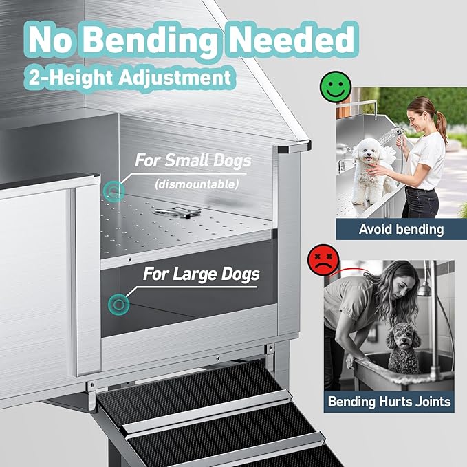 Dog Washing Station,Professional 56" Stainless Steel Dog Bathing Station for Large Dog Height Adjustable Dog Wash Station for Home Dog Grooming Tub With Drawer, Floor Grate & Fauct (Right Ramp)