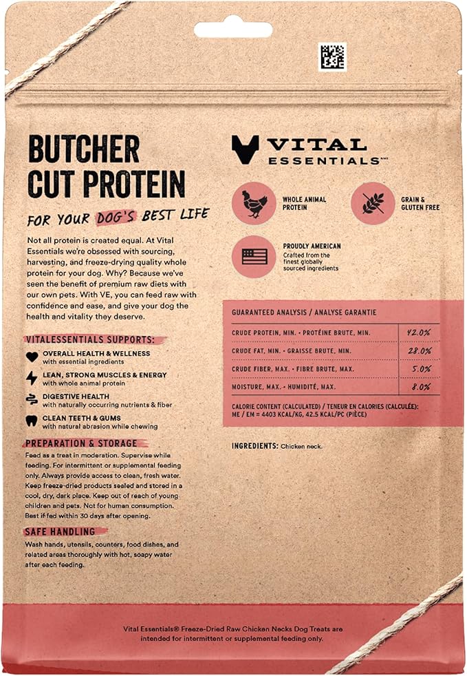 Vital Essentials Chicken Necks Dog Treats, 9 oz | Freeze-Dried Raw | Single Ingredient | Premium Quality High Protein Training Treats | Grain Free, Gluten Free, Filler Free