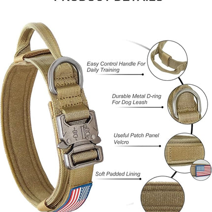 Hotsky Tactical Dog Collar, Adjustable Military Training Nylon Airtag Collar with Handle and Heavy Duty Metal Buckle for Medium Large Dogs, with Airtag Holder and Two Patches （Brown,XL）