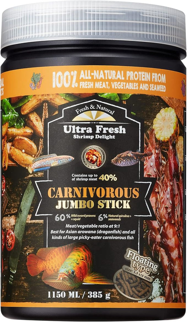 Ultra Fresh Monster Fish Food, Wild Sword Prawns, Floating Sticks for Oscars, Bass, Large Cichlids and Tropical Fish, Carnivorous Jumbo Stick 13.58 oz