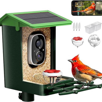 Bird Feeder with Camera Solar Powered 2K HD Video, 10,000+ Species AI Recognition, Real-Time App Alerts, and Weatherproof Design for Effortless Birdwatching, Gift for Bird Lovers, Grass Green