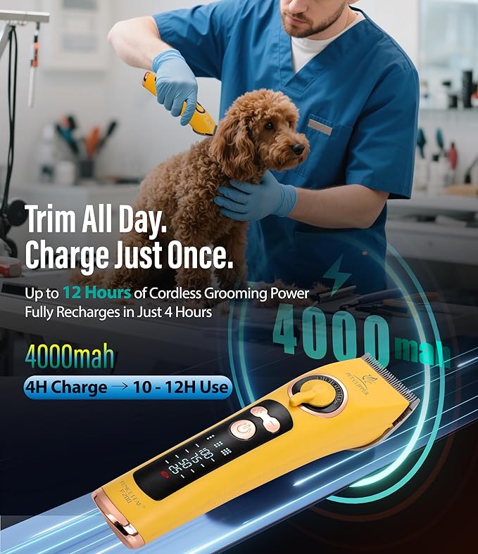 Professional Dog Grooming Clippers with 12H Runtime & Replaceable 440C Blade, 3-Speed Low Noise Electric Dog Shaver for Thick, Matted, Curly Hair, Cordless Clipper for Groomer & Home Use, Yellow