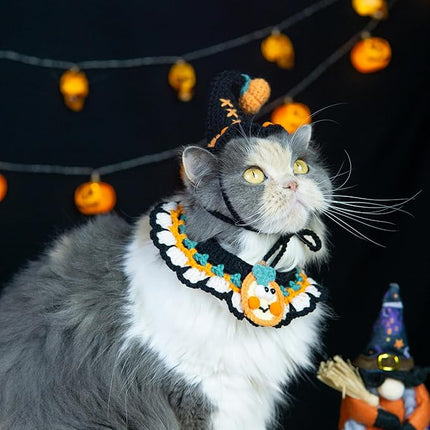 Halloween Dog Costume – Handmade Black Witch Hat & Cute Pumpkin Bandana, Adjustable Cat Outfit for Cats & Small Dogs, Lightweight & Breathable, Festive Pet Accessories