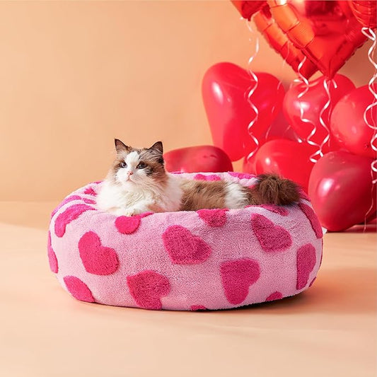 LE SURE Donut Small Dog Bed - Round Cat Beds for Indoor Cats Anti-Anxiety Calming Pet Beds, Washable Cute Modern Beds with Teddy Sherpa Plush & Anti Slip Bottom, 20 Inch, Heart Pink