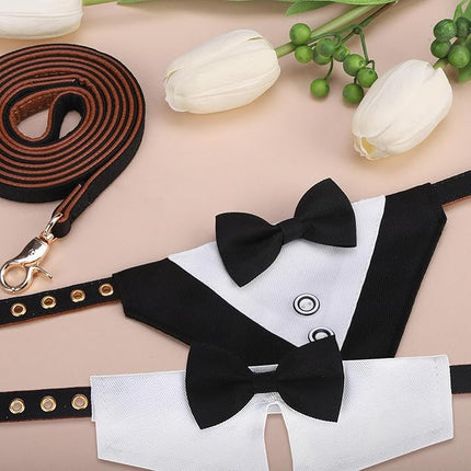 EXPAWLORER Dog Collar and Leash Set - Dog Tuxedo Wedding Outfit Puppy Collar with Suit and Tie, Cute Ring Bearer in Tux Bow and Bandana Design, Proposal Costume for Small Pets