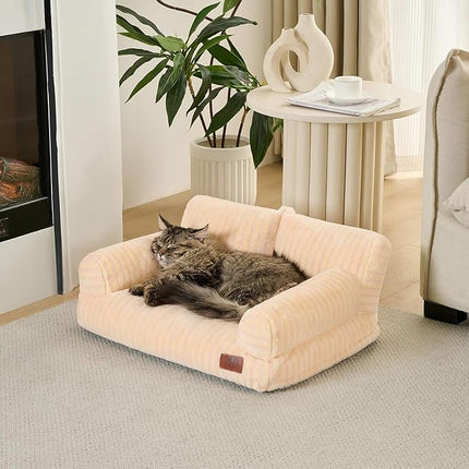 Hollypet Fluffy Plush Pet Cat Couch Soft Calming Pet Sofa Beds for Medium Small Cats and Dogs, Pink Stripes