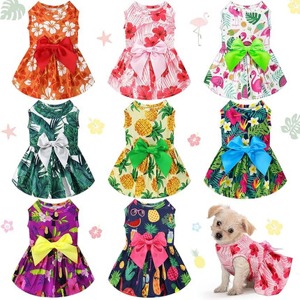 LEIFIDE 8 Pcs Summer Themed Hawaii Dog Dresses Holiday Flamingo Fruit Floral Pattern Pet Skirts Hawaii Puppy Princess Dresses Outfits Bowknot for Girl Dogs Cats Beach(Small)