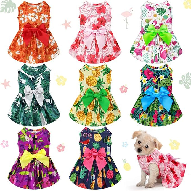 LEIFIDE 8 Pcs Summer Themed Hawaii Dog Dresses Holiday Flamingo Fruit Floral Pattern Pet Skirts Hawaii Puppy Princess Dresses Outfits Bowknot for Girl Dogs Cats Beach(Small)