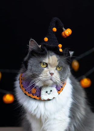 Cat Halloween Costume-Handmade Knitted Cute Ghost Bandana & Black Witch Hat for Cats and Small Sized Dogs, Festive Pet Apparel, Adjustable and Breathable Dog Costume,Also Suits Dolls