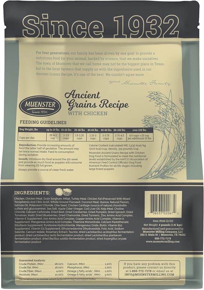 Muenster Ancient Grains Chicken Dry Dog Food, 4lb - Gluten-Free, High Protein, Digestive Support