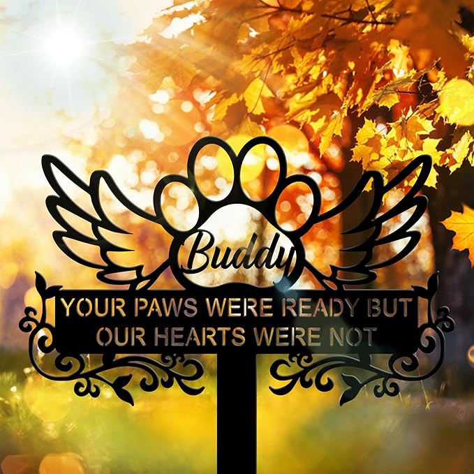 Personalized Angel Pet Memorial Grave Marker Dog Cat Paw, Custom Pet's Name Cemetery Decorations for Funerary, Metal Pet Burial Garden Stake, Outdoor Sympathy Angel Handstone Stake Plaque Gift for Loss Dog Cat