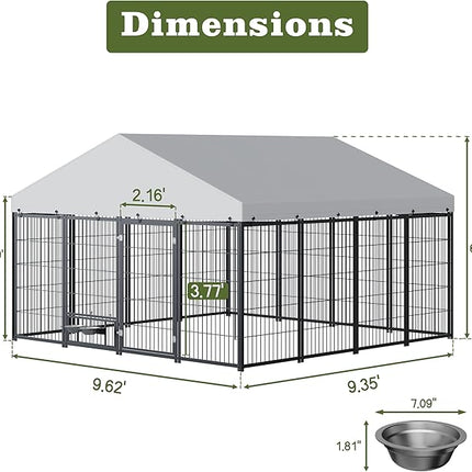 Large Outdoor Dog Kennel with Roof, 9.62’ x 9.35’ x 6.18’ Metal Pet Enclosure, UV & Weatherproof, Spacious Dog Run with Adjustable Feeders Suitable for Dogs, Chickens, Rabbits & More