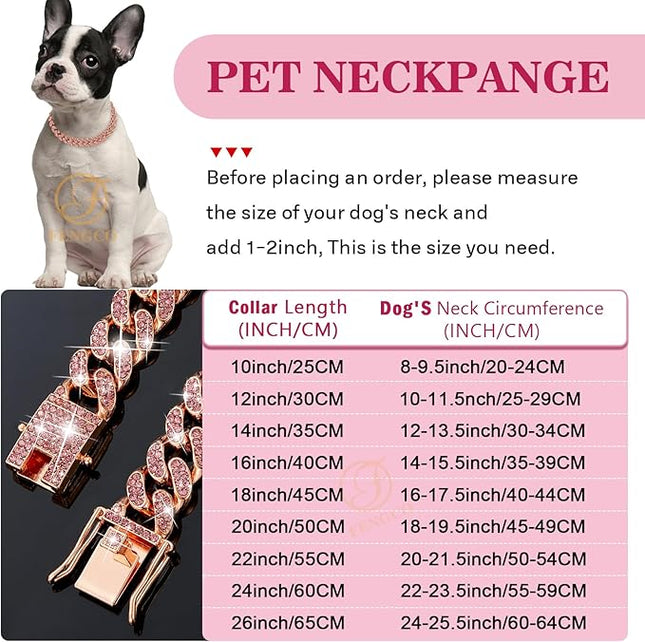 Rosegold Dog Chain Collar Diamond Cuban Link Dog Collar 13mm Wide Dog Necklace Metal Cat Chain Pet Crystal Collar Jewelry Accessories for Small Medium Large Dogs Cats(14inch)