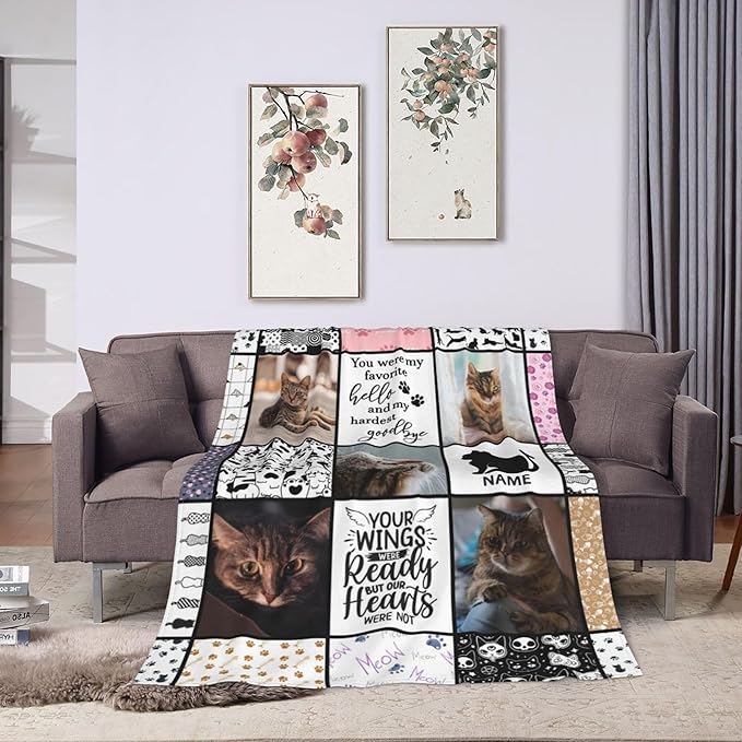 Funnylife Personalized Pet Memorial Gifts for Cats, Flannel Custom Cat Photo Memory Blankets Sympathy for Loss of Cat Bereavement Gifts 50"x60"
