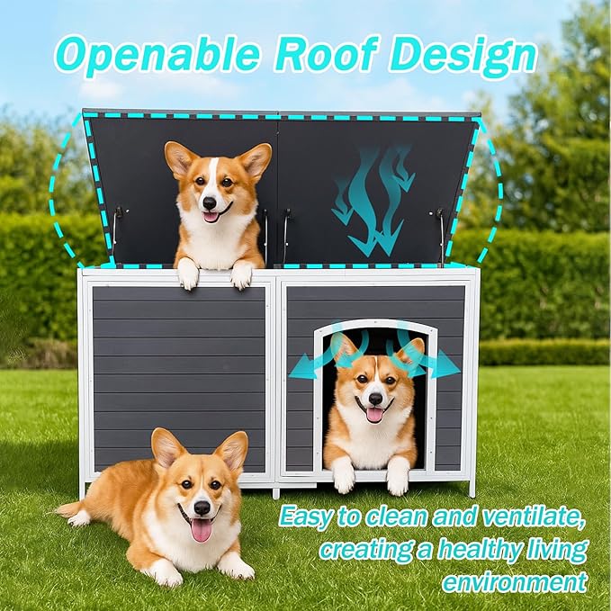 Geguri All-Weather Dog House for Medium to Large Dogs | Weatherproof Asphalt Roof, Chew-Proof Frame, Elevated Base, Extra Large (Grey, 59.1" L × 34.3" W × 34.6" H)