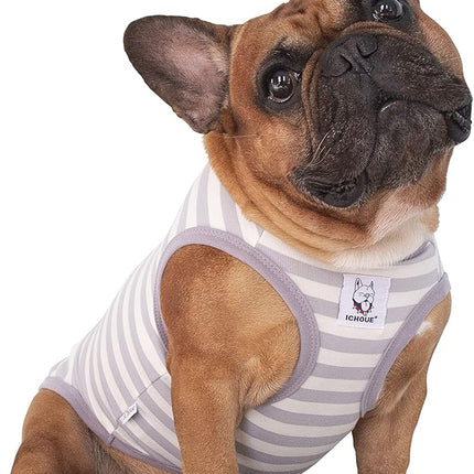 iChoue English Bulldog 100% Breathable Cotton Striped T Shirts Halloween Vest Clothes for Medium Dogs Tank Tops French Frenchie Pug Boston Terrier Pitbull Grey White Stripes - XXLarge