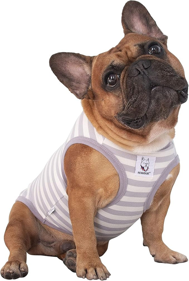 iChoue French Bulldog 100% Breathable Cotton Striped T Shirts Halloween Vest Clothes for Medium Dogs Tank Tops Frenchie Pug English Boston Terrier Pitbull Grey White Stripes - Large Plus